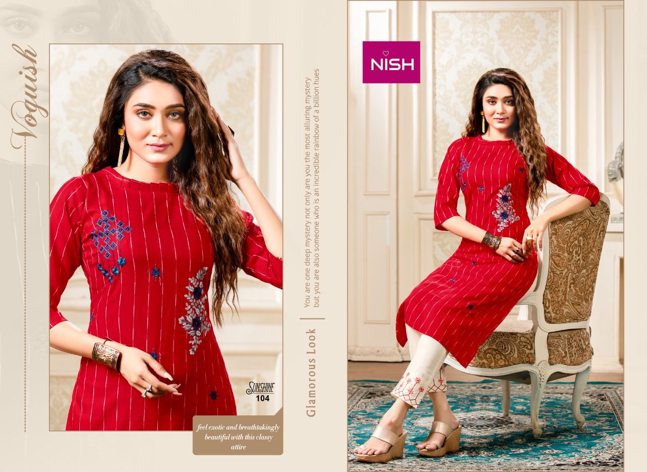 Nish Sunshine Latest Fancy Ethnic Wear Rayon Kurti With Bottom Collection